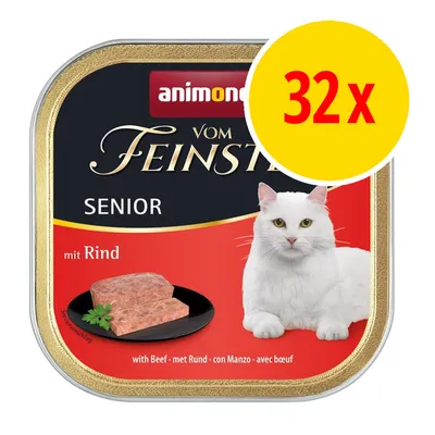 Pack of 32 senior wet food trays with beef, showing product image and a white cat on the packaging.