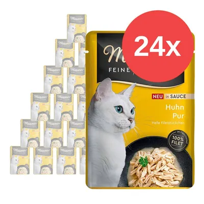 Miamor Feine Filets Huhn Pur v omáčce, 24× kapsička, na obalu bílá kočka a miska s kuřecím masem, text: 100% Filet, NEU in SAUCE, Helle Filetstückchen