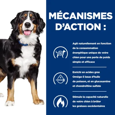 MÉCANISMES D’ACTION : Agit naturellement selon la consommation énergétique du chien, enrichi en Oméga-3 d’huile de poisson, glucosamine et chondroïtine, aide à brûler les graisses excédentaires.