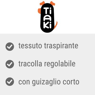Tiaki. Tessuto traspirante, tracolla regolabile, con guinzaglio corto.