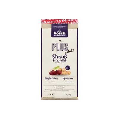 bosch PLUS adult Strauß & Kartoffel, Single Protein, Grain Free, 1,5 KG GRATIS, confezione da 11 kg. Testo in tedesco visibile sull'etichetta.