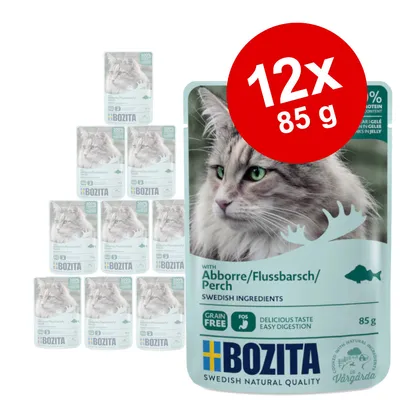 Pack de 12 sobres de comida para gatos Bozita, sabor abborre/flussbarsch/perch, 85 g cada uno. Sin cereales. Ingredientes suecos. Texto en inglés y alemán visible en el envase.