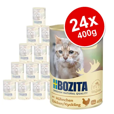 Bozita Swedish Natural Quality cat food, chicken flavour, 24 x 400g cans. Visible text: 100% natural ingredients, grain free, cooked with natural ingredients Vårgårda.