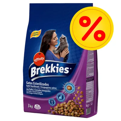 Saco de 3 kg de Brekkies Gatos Esterilizados con pollo y cereales integrales, oferta destacada con símbolo de porcentaje en amarillo. Texto visible: 'affinity', '75 raciones'.