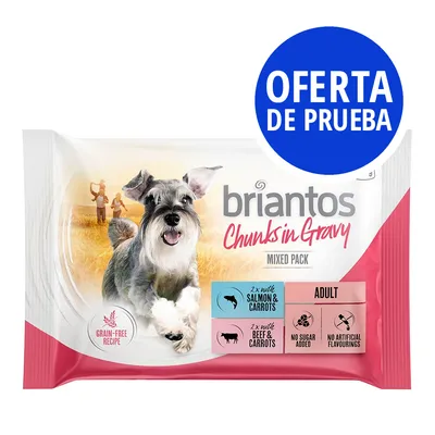 Briantos en bolsitas 4 x 100 g - Pack de prueba - Bocaditos en salsa (salmón y vacuno)