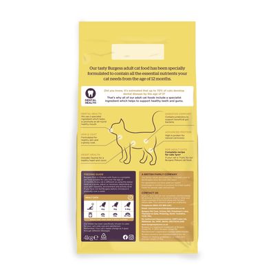 Back of cat food bag showing benefits for dental health, skin and coat, heart health, digestive comfort, advanced protein, feeding guide for adult cats, and contact information.