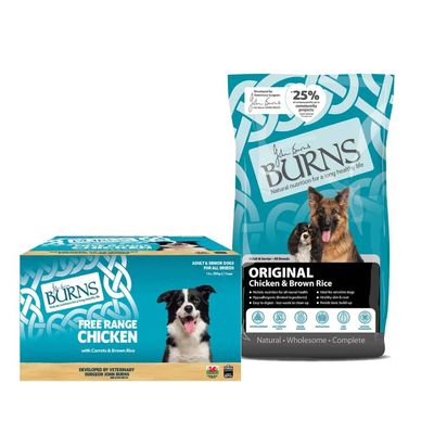 Burns Original Chicken & Brown Rice. Hypoallergenic, easily digestible, ideal for sensitive dogs. Developed by veterinarian John Burns. 25% of profits support community projects.