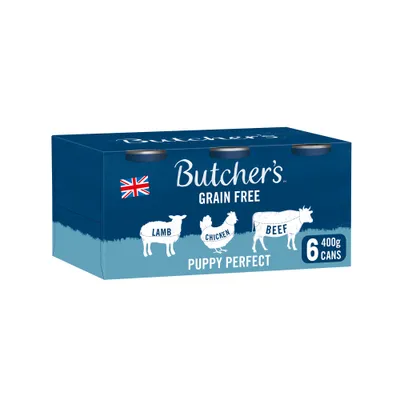 Butcher's Grain Free Puppy Perfect, 6 cans of 400g each, lamb, chicken, beef. British flag on the packaging. Butcher's Grain Free Puppy Perfect, 6 cans of 400g each, lamb, chicken, beef. British flag on the packaging.