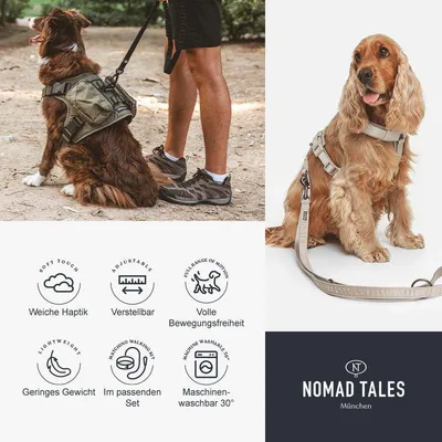 Hundegeschirr mit Leine, weiche Haptik, verstellbar, volle Bewegungsfreiheit, geringes Gewicht, im passenden Set, maschinenwaschbar 30°, Nomad Tales München. Hundegeschirr mit Leine, weiche Haptik, verstellbar, volle Bewegungsfreiheit, geringes Gewicht, im passenden Set, maschinenwaschbar 30°, Nomad Tales München.