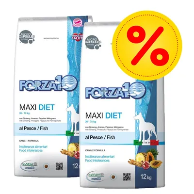 Forza10 Maxi Diet al Pesce per cani 36–70 kg, intolleranze alimentari, con ginseng, ananas, papaya e melograno, confezione da 12 kg, simbolo percentuale offerta visibile.