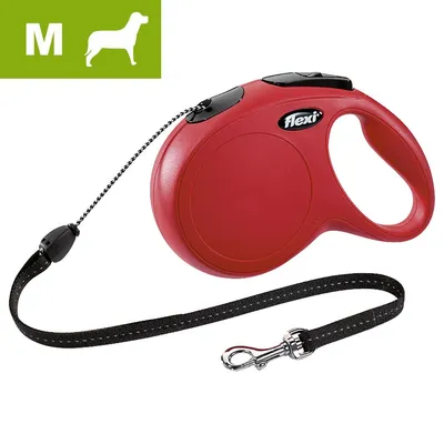 Guinzaglio avvolgibile Flexi rosso con manico, moschettone in metallo e corda nera. Simbolo cane taglia M su sfondo verde in alto a sinistra.