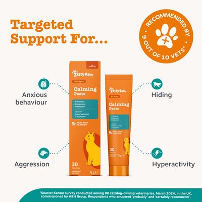Zesty Paws Calming Paste minden korosztály számára, 10-ből 9 állatorvos ajánlásával. Segít a szorongásos viselkedés, agresszió, elbújás és hiperaktivitás kezelésében. 75 g, 30 adag.