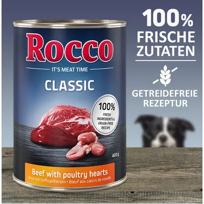 Rocco Classic Dose, Rind mit Geflügelherzen, 400g. 100% frische Zutaten, getreidefreie Rezeptur.