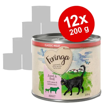 Feringa Classic Meat, Lamb & Beef with peas & watercress, ADULT, 12x200 g dåser kattemad. Synlig sort kat og illustrationer af lam og okse på etiketten.