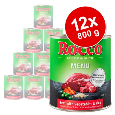 Rocco MENU Beef with vegetables & rice, 12 x 800 g burkar. Text: Enriched with carbohydrates. Bild på nötkött, grönsaker och ris på förpackningen.
