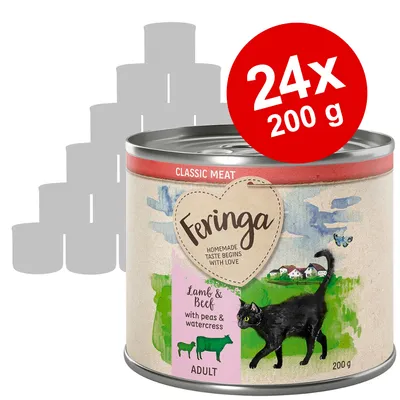 Feringa Classic Meat Lamb & Beef with peas & watercress, ADULT, 24x200 g dåser kattemad. Tekst: Homemade taste begins with love. Billede af sort kat og dyr på etiketten.
