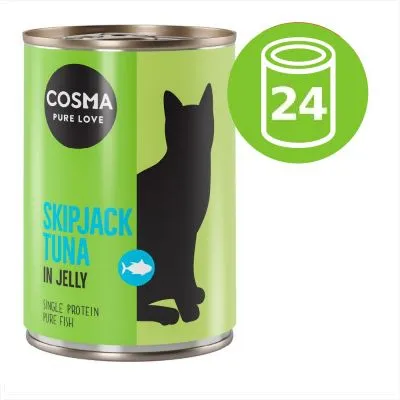 Cosma Pure Love Skipjack Tuna in Jelly, Single Protein Pure Fish. Bild på burk med siluett av katt och symbol som visar 24-pack.