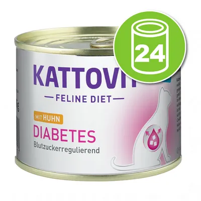 Boîte Kattovit Feline Diet, texte visible : MIT HUHN, DIABETES, Blutzuckerregulierend. Icône verte avec une boîte et le chiffre 24 indiquant un lot de 24 unités. Boîte Kattovit Feline Diet, texte visible : MIT HUHN, DIABETES, Blutzuckerregulierend. Icône verte avec une boîte et le chiffre 24 indiquant un lot de 24 unités.