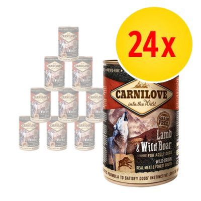 24x Carnilove into the Wild Lamb & Wild Boar for Adult Dogs, burkar med vargmotiv och texten 'Grain Free'. Stor gul cirkel med röd text: 24x.