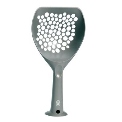 Catit-merkkinen harmaa muovinen kissanhiekkalapio, jossa pyöreitä reikiä ja tukeva varsi. Catit-logo näkyy varressa.