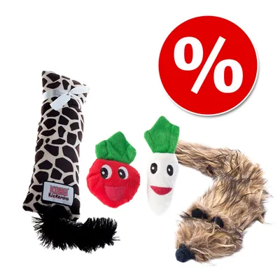 KONG Kickeroo -lelu, kaksi vihannesaiheista pehmolelua ja ruskea karvalelu. Punainen alennusmerkki (%) oikeassa yläkulmassa.