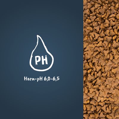Harn-pH 6,0-6,5. Trockenfutter in brauner Farbe, geformt in kleinen Stücken.