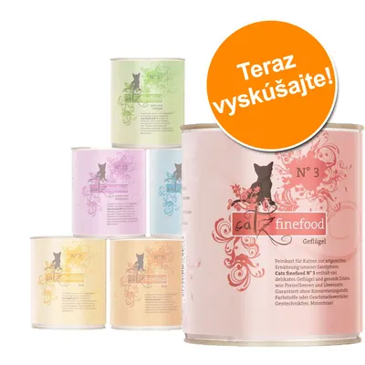 Catz finefood konzervy pre mačky, rôzne príchute a čísla: N° 3 Geflügel, N° 5, N° 7, N° 9, N° 11. Oranžový kruh s textom: Teraz vyskúšajte! Catz finefood konzervy pre mačky, rôzne príchute a čísla: N° 3 Geflügel, N° 5, N° 7, N° 9, N° 11. Oranžový kruh s textom: Teraz vyskúšajte!