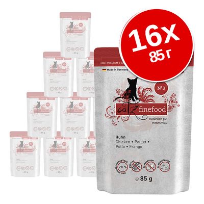 Набор 16×85 г паучей catz finefood №3 с курицей. Видны надписи: Huhn, Chicken, Poulet, Pollo, Frango. Значки: без сахара, не тестируется на животных, 91% мяса.