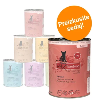 Več pločevink mačje hrane catz finefood Classic, različne vrste. Na oranžnem krogu besedilo: Preizkusite sedaj!