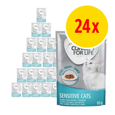 Concept for Life Sensitive Cats -kissan märkäruoka, 24 x 85 g annospussia. Pakkauksessa valkoinen kissa ja teksti: SOßE GRAVY SAUCE, Sensitive cats aged 1 year and over.