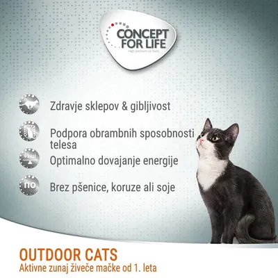 CONCEPT FOR LIFE. Zdravje sklepov & gibljivost, podpora obrambnih sposobnosti telesa, optimalno dovajanje energije, brez pšenice, koruze ali soje. OUTDOOR CATS – aktivne zunaj živeče mačke od 1. leta.