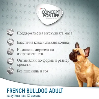 CONCEPT FOR LIFE. Поддържане на мускулната маса, еластична кожа и лъскава козина, намалена миризма на изпражненията, оптимални крокети, без пшеница и соя. FRENCH BULLDOG ADULT за кучета над 12 месеца.