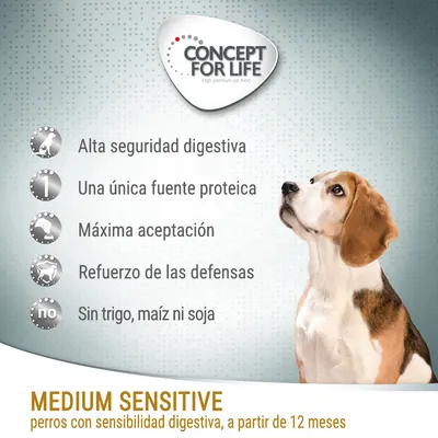 Concept for Life. Alta seguridad digestiva, una única fuente proteica, máxima aceptación, refuerzo de las defensas, sin trigo, maíz ni soja. Medium Sensitive perros con sensibilidad digestiva.