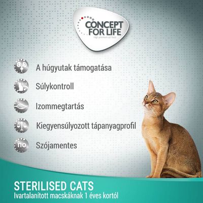 Concept for Life. A húgyutak támogatása, súlykontroll, izommegtartás, kiegyensúlyozott tápanyagprofil, szójamentes. Sterilised Cats ivartalanított macskáknak 1 éves kortól.