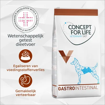 CONCEPT FOR LIFE Veterinary Diet GASTROINTESTINAL hondenvoer, wetenschappelijk getest dieetvoer, egaliseren van voedingsstoffenverlies, gemakkelijk verteerbaar. Ontwikkeld met experts.