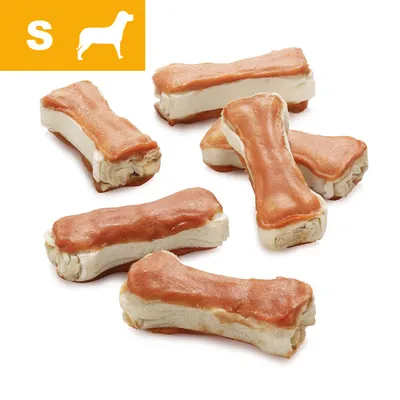 Bone-shaped treats with a brown top and cream base, shown in a group. Yellow label with letter S and dog silhouette indicates small size for dogs.