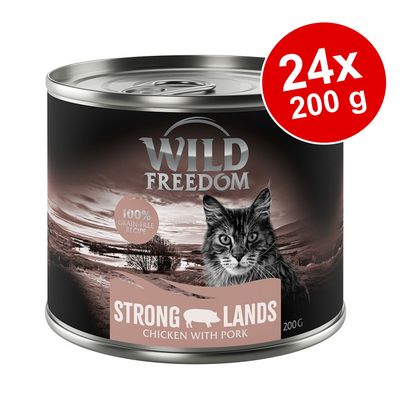 Wild Freedom Strong Lands Kurczak z wieprzowiną, receptura w 100% bez zbóż, 24 x 200 g, przedstawiona puszka.