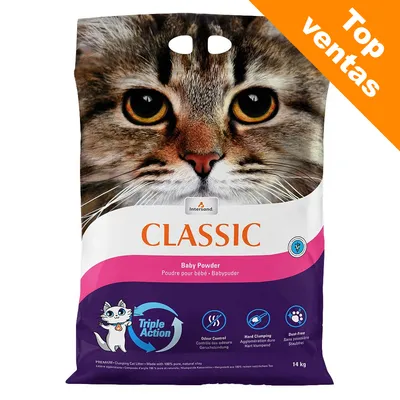 Intersand Classic Baby Powder, arena para gatos, Triple Action, control de olores, aglomeración dura, sin polvo, 14 kg. Etiqueta naranja: Top ventas.
