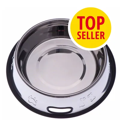 Comedero de acero inoxidable con borde antideslizante y grabados de huellas. Sello amarillo con texto: TOP SELLER.
