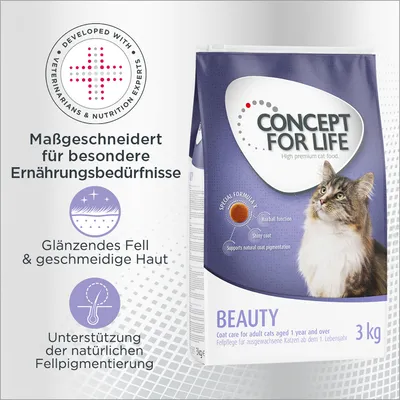 Sac de croquettes Concept for Life Beauty 3 kg pour chats adultes, mentions en anglais et allemand sur pelage brillant, peau souple, soutien de la pigmentation naturelle. Chat à poils longs illustré.