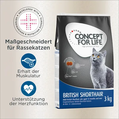 Concept for Life British Shorthair 3 kg, texte en allemand : conçu pour chats de race, maintien de la musculature, soutien de la fonction cardiaque. Texte anglais sur l'emballage visible.