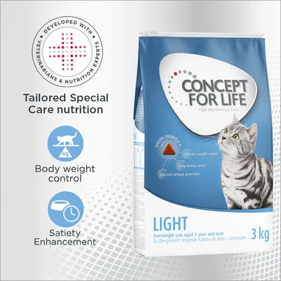 Concept for Life Light cat food, 3kg. Developed with veterinarians and nutrition experts. Features body weight control, satiety enhancement, effective weight control, joint protection. Concept for Life Light cat food, 3kg. Developed with veterinarians and nutrition experts. Features body weight control, satiety enhancement, effective weight control, joint protection.