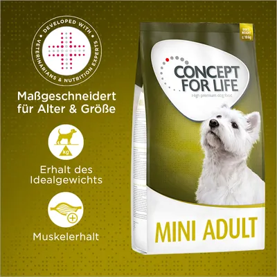 Concept for Life Mini Adult Hundefutter, entwickelt mit Tierärzten, massgeschneidert für Alter und Grösse, erhält Idealgewicht, unterstützt Muskelerhalt. Für Hunde bis 10 kg.
