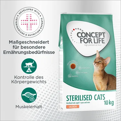 Sac Concept for Life Sterilised Cats saumon 10 kg, texte en anglais et allemand : contrôle du poids, maintien musculaire, développé avec des experts vétérinaires et nutritionnistes.