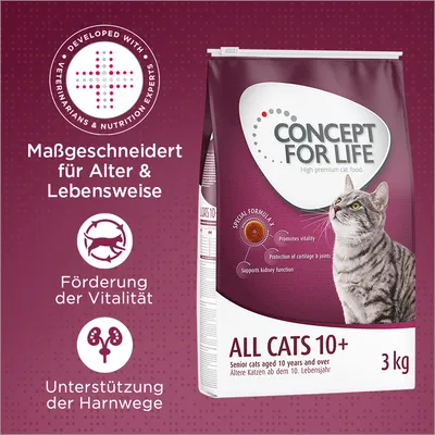 Concept for Life All Cats 10+ Katzenfutter, massgeschneidert für ältere Katzen ab dem 10. Lebensjahr. Förderung der Vitalität und Unterstützung der Harnwege. Packungsgrösse: 3 kg. Concept for Life All Cats 10+ Katzenfutter, massgeschneidert für ältere Katzen ab dem 10. Lebensjahr. Förderung der Vitalität und Unterstützung der Harnwege. Packungsgrösse: 3 kg.