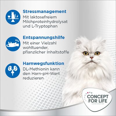 Stressmanagement mit laktosefreiem Milchproteinhydrolysat, Entspannungshilfe mit pflanzlichen Inhaltsstoffen, Harnwegsfunktion durch DL-Methionin. Concept for Life Logo.