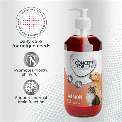 CONCEPT FOR LIFE Salmon Oil 1000 ml bottle with dog and cat image. Text: Developed with veterinarians & nutrition experts, daily care for unique needs, promotes glossy shiny fur, supports normal brain function. CONCEPT FOR LIFE Salmon Oil 1000 ml bottle with dog and cat image. Text: Developed with veterinarians & nutrition experts, daily care for unique needs, promotes glossy shiny fur, supports normal brain function.