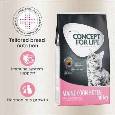 Concept for Life Maine Coon Kitten food, 10kg. Features: tailored breed nutrition, immune system support, harmonious growth. For kittens up to 15 months. Developed with experts.