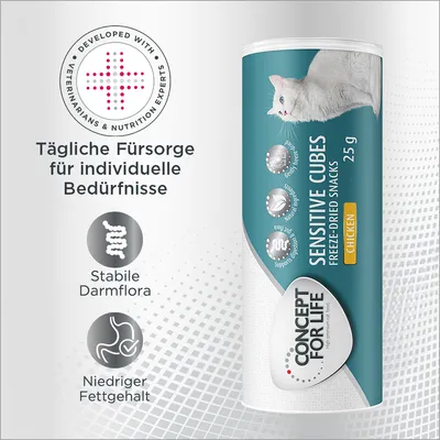Concept for Life Sensitive Cubes Freeze-Dried Snacks Chicken 25 g, texte en allemand : soins quotidiens pour besoins individuels, flore intestinale stable, faible teneur en matières grasses.