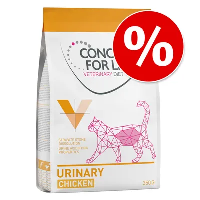 Concept for Life Veterinary Diet Urinary Chicken, 350g. Struvitsteinauflösung und harnsäuernde Eigenschaften. Rotes Prozentzeichen für Rabatt sichtbar.